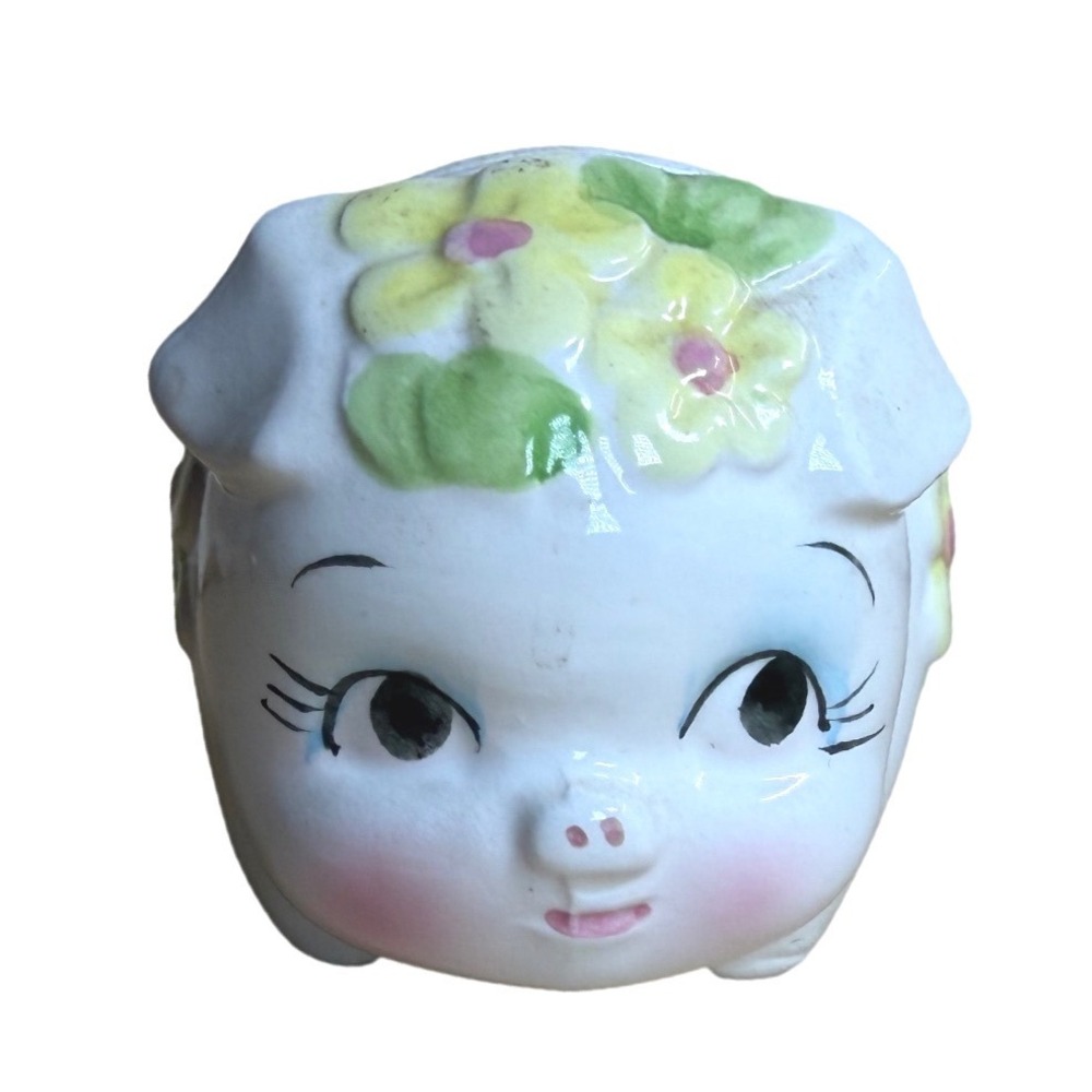 Vintage Ceramic Piggy Bank White Pink Yellow Floral Hand Painted Coin Bank